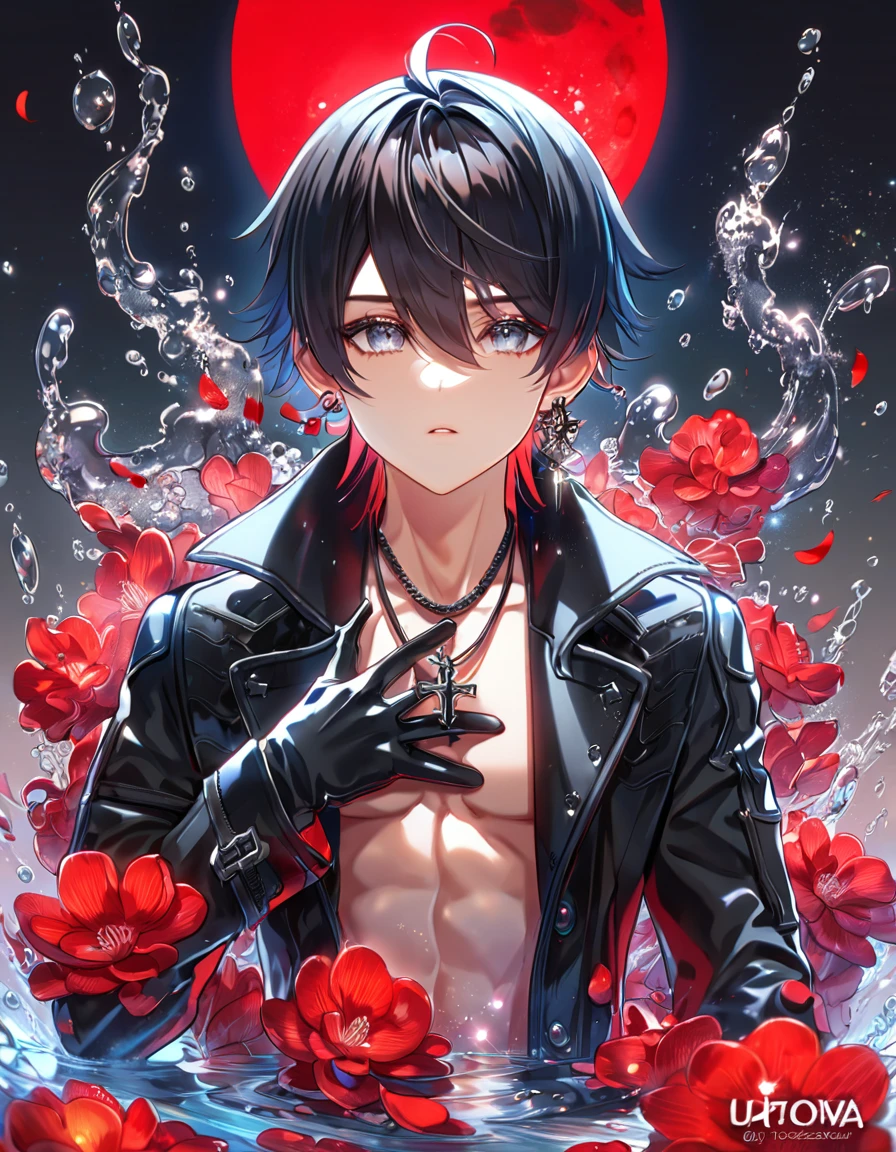 absurdres, highres, ultra detailed, HDR, master piece, best quality, extremely detailed, Luka Crosszeria, black hair, hair between the eyes, expressive gray eyes, Uraboku, solo, sexy man, handsome, demon, small claw shaped earring, black fantasy leather trench coat, black cross necklace, showing the chest, black gloves, magical, fantasy, glittering, sparkling, glass, red flowers, red petals, water, red moon
