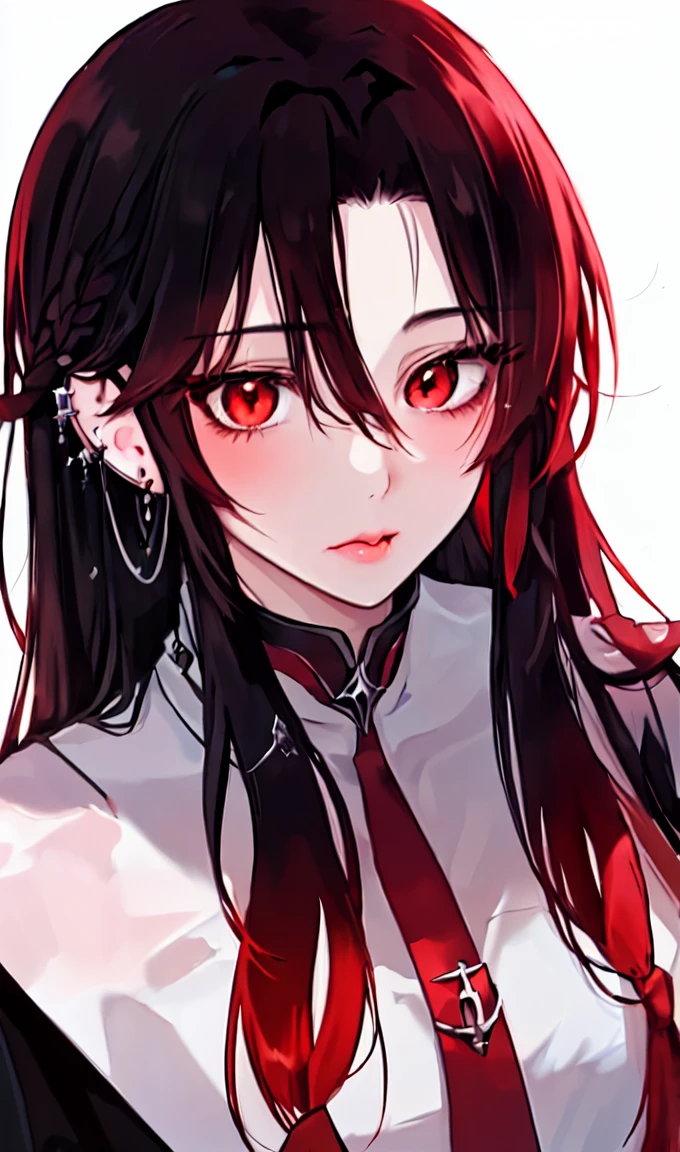 1girl, portrait, earrings, solo,lips, female focus, red eyes, looking at viewer, black hair, long hair, closed mouth