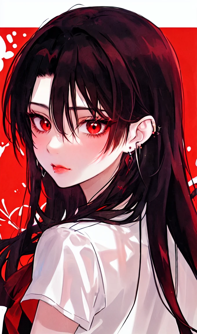 1girl, portrait, earrings, solo,lips, female focus, red eyes, looking at viewer, black hair, long hair, closed mouth
