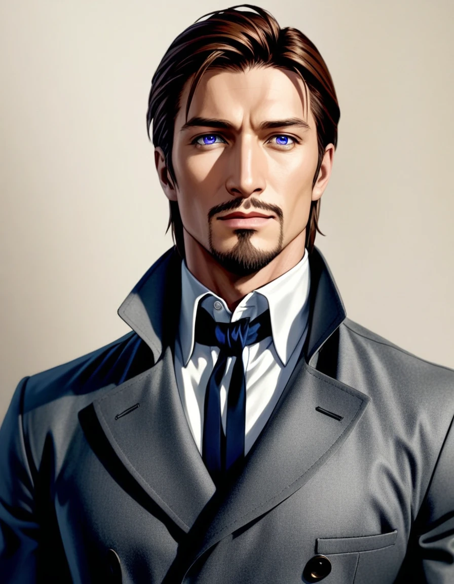 1man, mature male, parted bangs, medium-short hair, brown hair, muscular male celeb, short goatee, short mustache, indigo eyes, gentleman, elegant netori male, BREAK solo, white collared shirt, gray trench coat, black neck ribbon, in gentle sasaki style, visual novel, 2010s, extreme all detailed, masterpiece, best quality