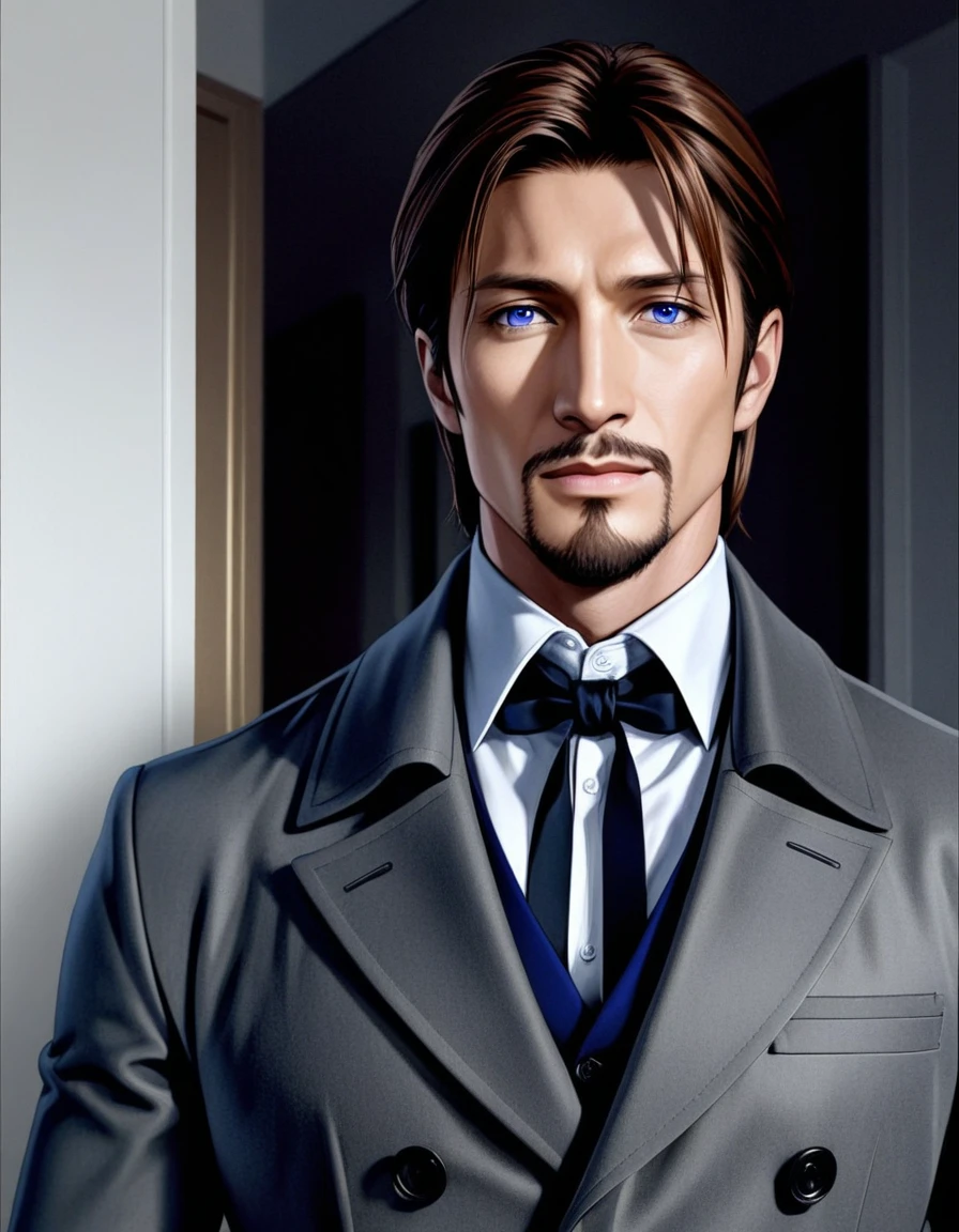 1man, mature male, parted bangs, medium-short hair, brown hair, muscular male celeb, short goatee, short mustache, indigo eyes, gentleman, elegant netori male, BREAK solo, white collared shirt, gray trench coat, black neck ribbon, in gentle sasaki style, visual novel, 2010s, extreme all detailed, masterpiece, best quality