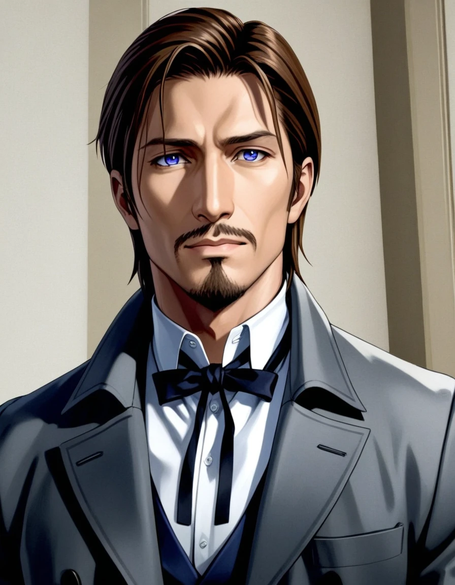 1man, mature male, parted bangs, medium-short hair, brown hair, muscular male celeb, short goatee, short mustache, indigo eyes, gentleman, elegant netori male, BREAK solo, white collared shirt, gray trench coat, black neck ribbon, in gentle sasaki style, visual novel, 2010s, extreme all detailed, masterpiece, best quality