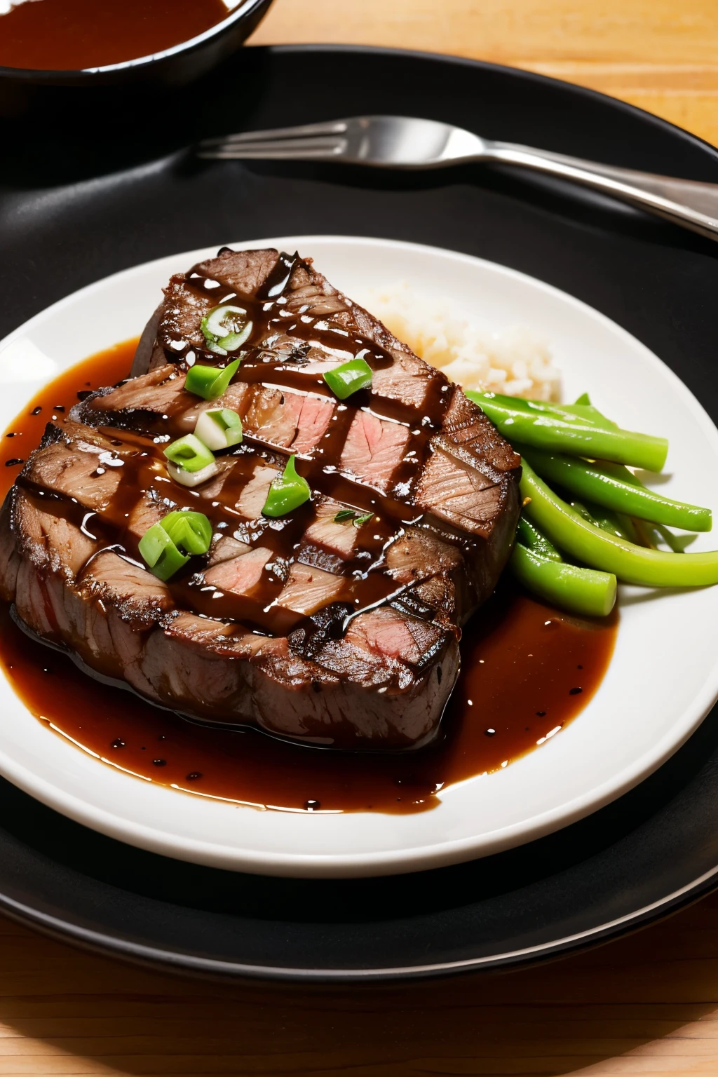 Give me a steak,Place on the plate,Top with black pepper sauce,Make the sauce thicker,Brighter background