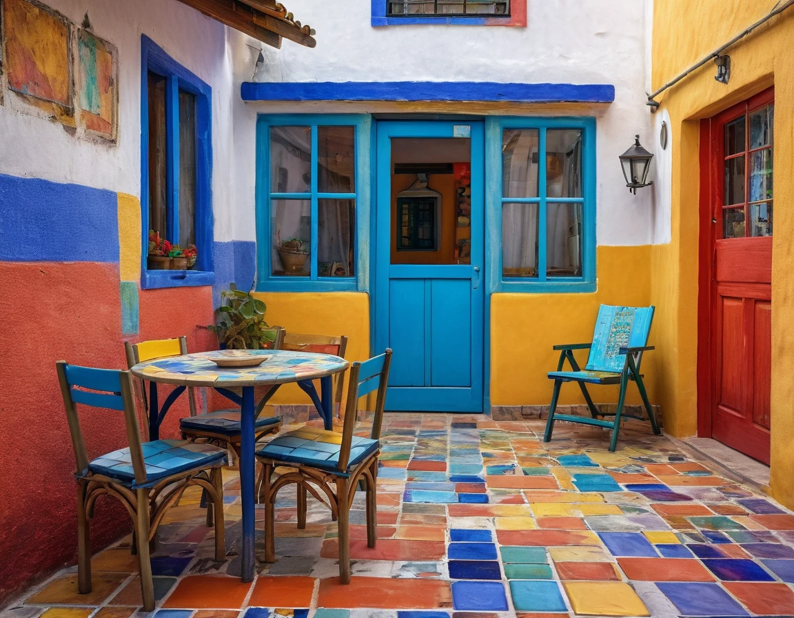 photography of a small rustic beach house with a table and chair in front of it, colorful house, colorful tiled architecture, cracks and infiltration stains on the walls, worn paint, wet sidewalk, seashore in the background, tlaquepaque, by Hundertwasser, 2 4 mm iso 8 0 0 color, by Miroslava Sviridova, Piet Mondrian, beautifully painted, colorful architecture, colorful building, quaint, colorful caparisons, beautiful colorful tilework, realistic 4k ultra detailed, deep focus, vibrant colors,high saturation,high contrast,very high resolution,HDR,8k, masterpiece, best quality