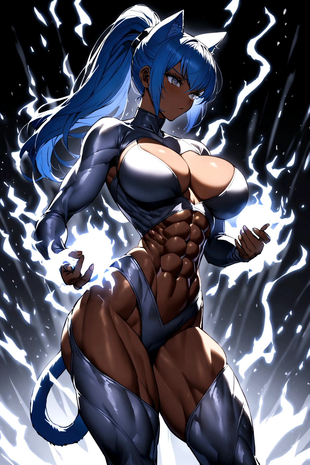 Create a catwoman with dark skin, blue hair with ponytail, blue cat tail, toned body with white energy in hands and legs, she has big breasts and thighs too, six-pack abs and muscular thighs, her breasts are covered in white energy like white flames, your thighs too, arms and breasts and legs covered in white flames