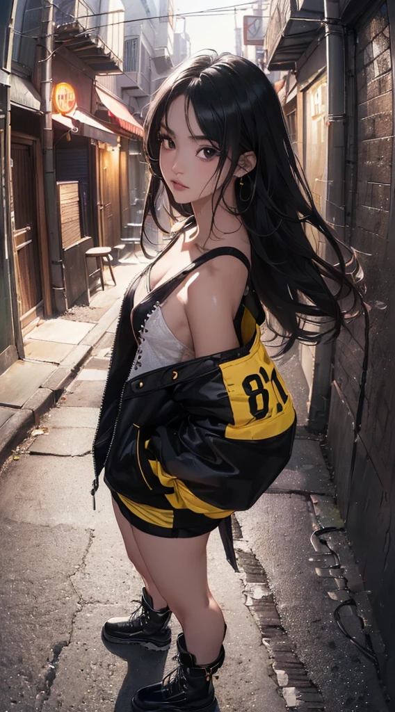 (((8k wallpaper of extremely detailed CG unit:1.2, masterpiece, hight resolution:1.2, top-quality:1.2, masutepiece))), ((a very beautiful woman, Hands in pockets:1.8, Street fashion:1.2, wearing a colorful jacket:1.2, Wearing boots)), ((extra detailed face, Highly detailed black eyes, extra detailed body, Top quality real texture skins)), (color hair:1.2, de pele branca, Small, exposed shoulder), ((Empty alley, Mileland. natta, Neon Street)), (high-angle, a closeup, Fisheye), hyper realisitic, digitial painting,