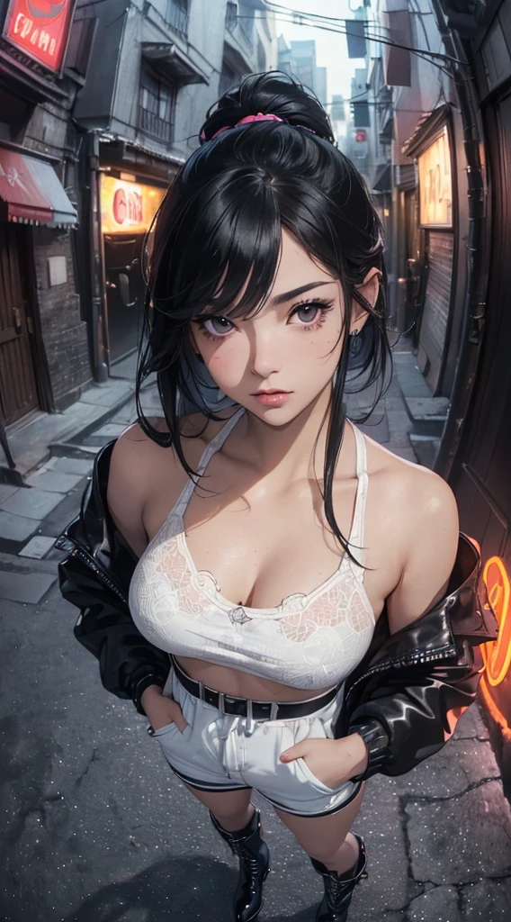 (((8k wallpaper of extremely detailed CG unit:1.2, masterpiece, hight resolution:1.2, top-quality:1.2, masutepiece))), ((a very beautiful woman, Hands in pockets:1.8, Street fashion:1.2, wearing a colorful jacket:1.2, Wearing boots)), ((extra detailed face, Highly detailed black eyes, extra detailed body, Top quality real texture skins)), (color hair:1.2, de pele branca, Small, exposed shoulder), ((Empty alley, Mileland. natta, Neon Street)), (high-angle, a closeup, Fisheye), hyper realisitic, digitial painting,