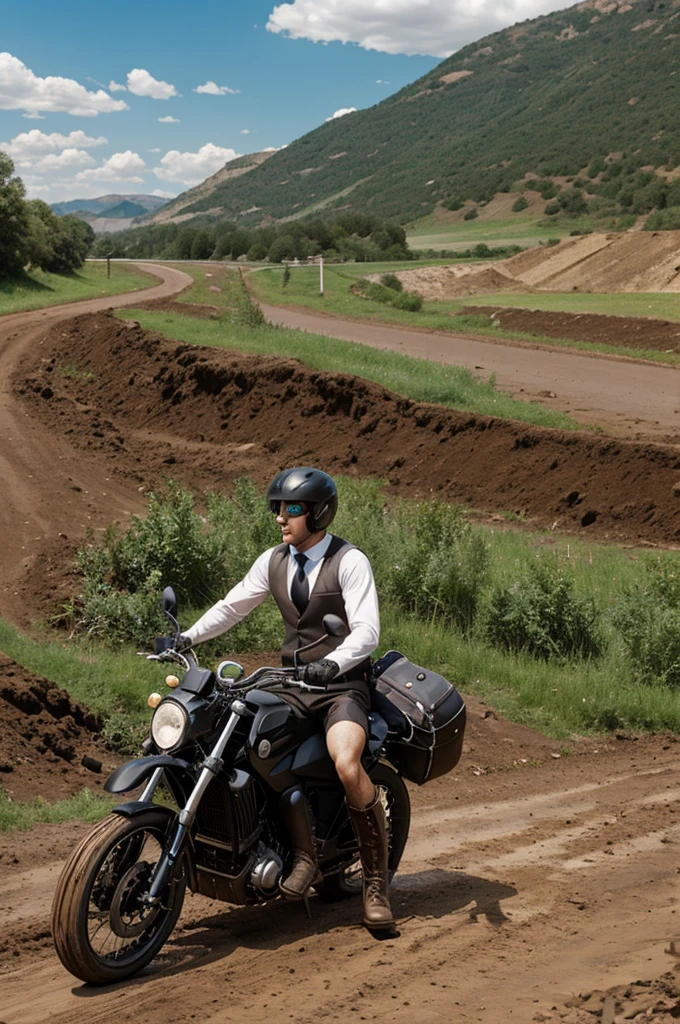 2D cartoon man driving a motorcycle with a tie and shoulder bag takes a woman with a dress, high stockings and black boots as co-pilot, dirt and rock road, muddy river in the background