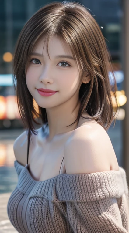 (Logo, masterpiece, 8K, On the table, original photo, wonderful, 最high quality, Realistic and detailed CG composite 8k wallpaper, high quality, Very detailed, Narrative Poems, Particle Effects, dynamic effect, Depth of border, light, lens flare, Ray Tracing), short hair beautiful young woman, Hair tied at the back, High Detail Skin, very good, Fine skin texture, Pretty Face, Realistic eyes, Beautifully detailed eyes, Realistic skin, Beautiful skin, Surreal, Smiling eyes, Hair and light eyes, Energetic, 五彩light和散景. light在她的脸和头发上投射出温暖的光芒, blue glow, Water reflection, Create a dreamy and magical atmosphere, Large Breasts, Brown hair, short hair, Plump lower lip, Apply pink blush on cheeks , Pink lips, Brown Skinny Off Shoulder Knit Sweater