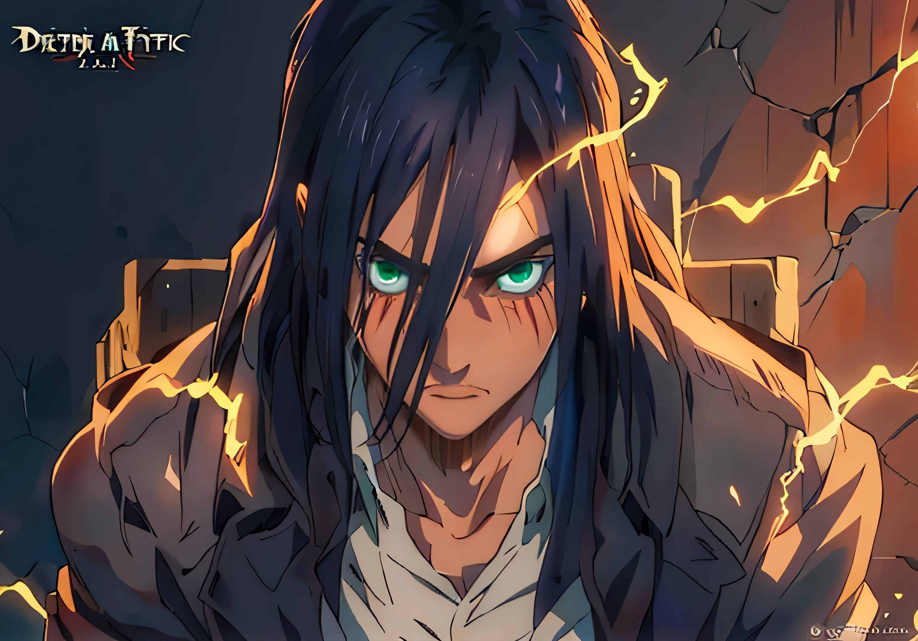 anime character with green eyes and black hair with lightning in the background, handsome guy in demon slayer art, sebastian michaelis, epic anime style, anime tribal boy with long hair, Anime Attack on Titan style, Devianart Trends, Trends on Devianart, (Anime Attack on Titan), from attack on titan, 4k manga wallpaper
