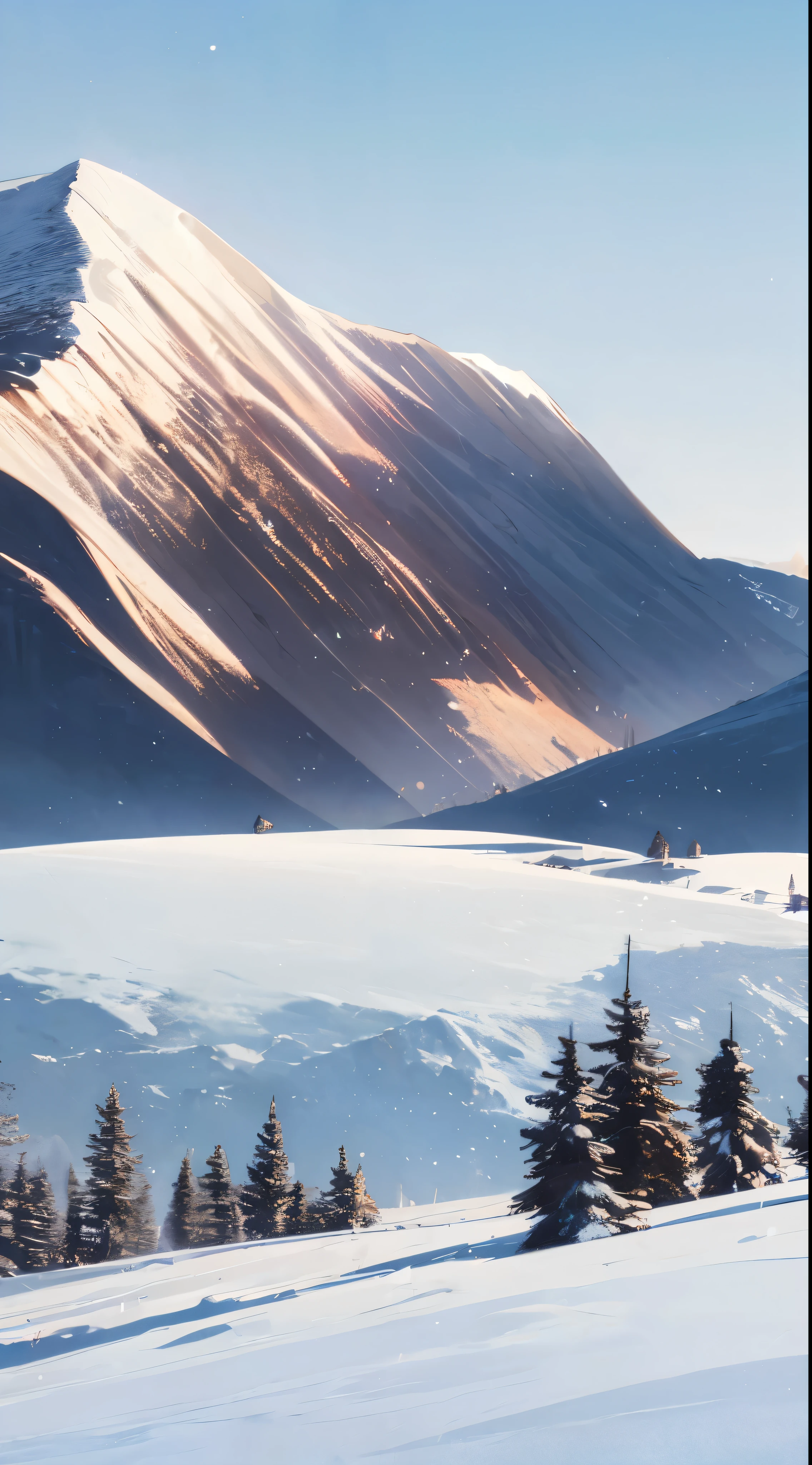 with high definition images，Concept Art、No humans、Countryside、Under the clear blue sky、Snow-capped mountains can be seen。Peaceful rural scenery