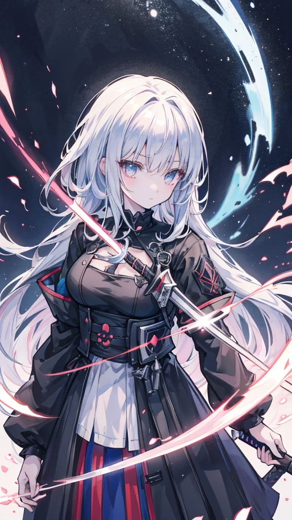 Close-up of a person holding a sword and katana, Gothic Maiden Anime Girl, Detailed Key Anime Art, From Arknights, Detailed Anime Character Art, With a big sword, White-haired God, Gap Moe Yandere Grimdark, Automated Kidney, In a dress, blackいドレスを着たアニメの女の子, black, Fate-like anime style/Stay Night