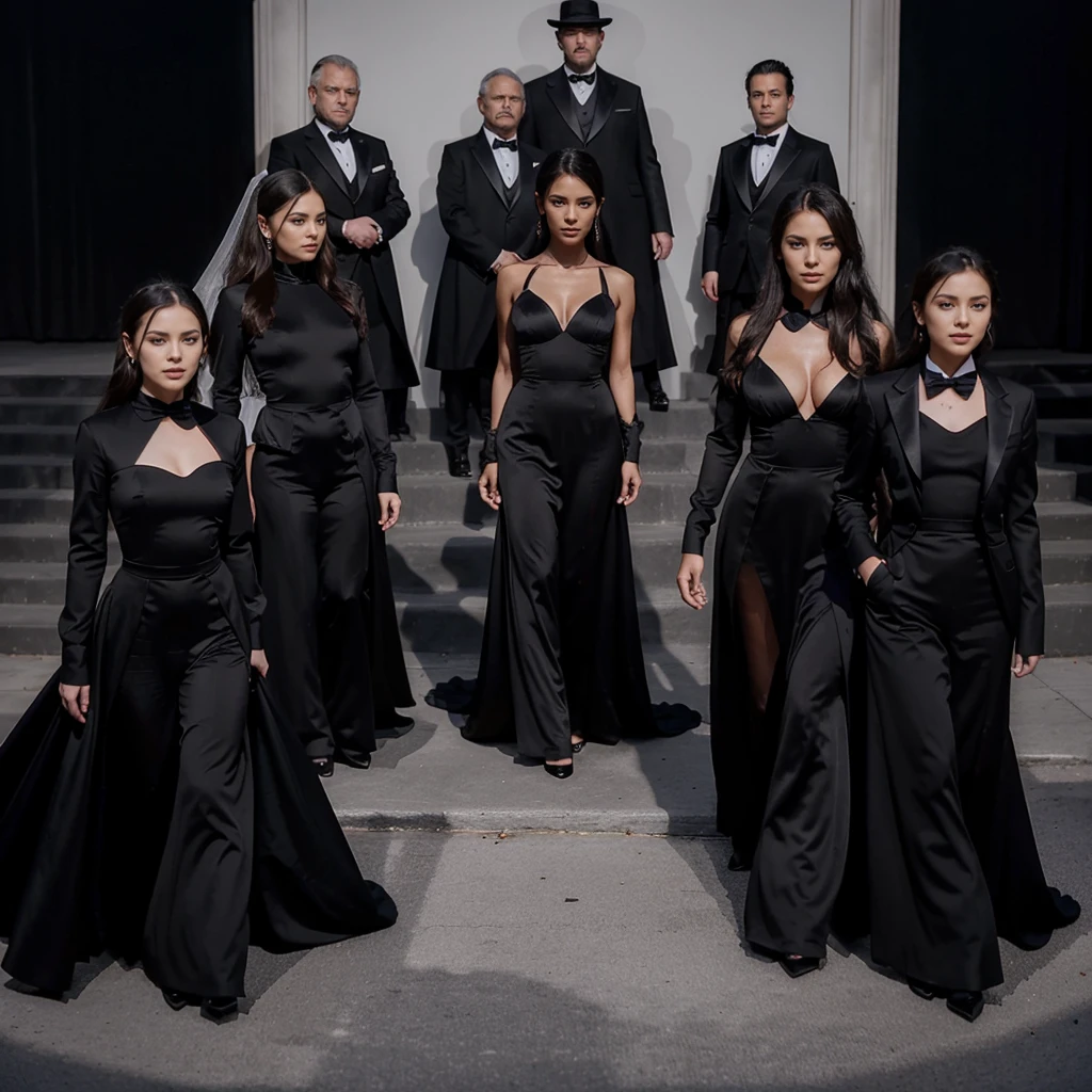 Capture the elegance and sophistication of seven individuals, comprising four men and three women, dressed in black attire. The men don black tuxedos, while the three women adorn themselves in long black gowns. They stand side by side on the grand opera stage, exuding an air of utmost refinement and poise. Ensure the image is a realistic, ultra HD portrayal of this scene.