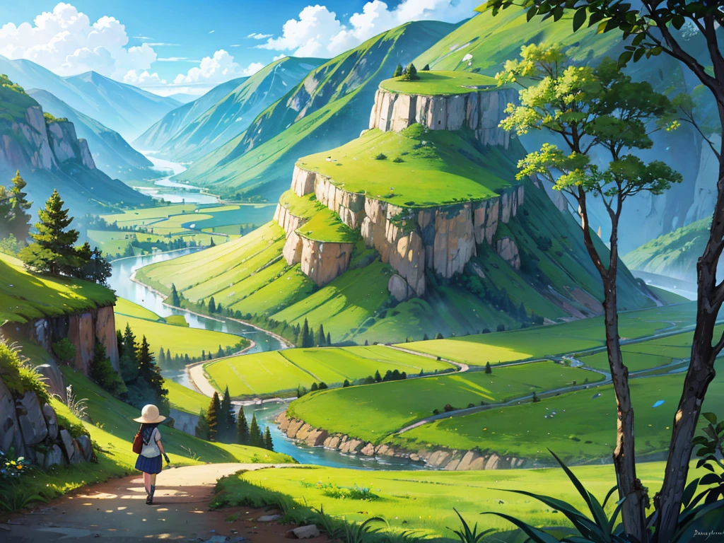 a landscape of a lush valley, 1girl, traveler