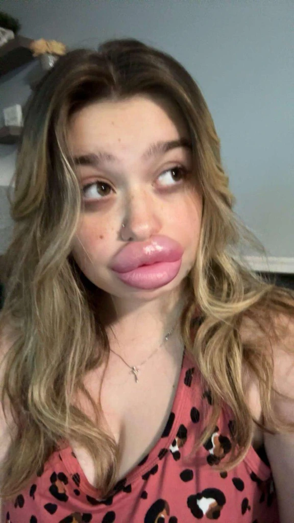 Large plump Bimbo lips, match face features, match lip color, match skin, match lighting, super realistic