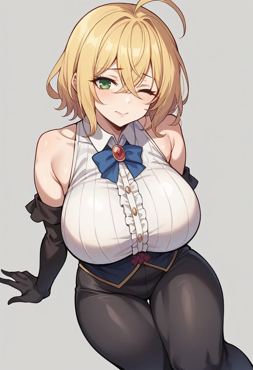 （One girl）、(short hair)、(sidelock)、((Blonde))、Princess Connect、((boyish))、huge breasts、((plump))、(beautiful girl)、[Big thighs]、Green Eyes、(Healer)、Black Vest、black leggings、White sleeveless、[hairs between eyes, crossed bangs]、(long gloves)、closed mouth、wink、arm behind back