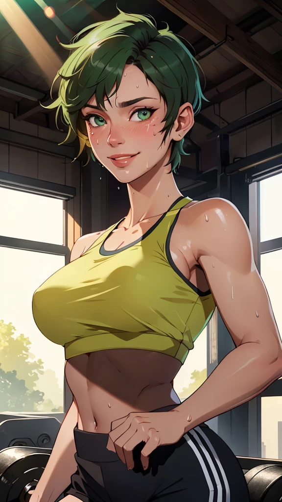 ((((masterpiece, best quality, high resolution)))), Extremely detailed 8K, 1 female, wearing a white crop top and black gym shorts, (Ultra HD, Ultra-detailed, Highly detailed, Highly realistic, Ultra-realistic, photograph realistic), (1girl:1.5), (Realistic green short hair), (dynamic poses), facing at camera, looking at viewer, (a smiling face), (regular hazel eyes, sharp eyes), (perky breasts:1.2), (beautiful detailed face, beautiful detailed eyes), ((slightly sweating)), (preparing for a workout), sweat, glow, (sunbeam, sunlight), ((cowboy shot)), gym background, seductive, EnvyBetterHands LoCon,