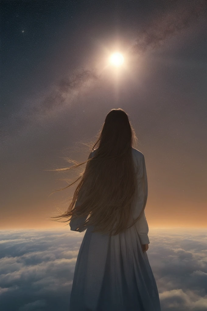 Hair floating in midair, back view, Look at the sun, There is a starship in the sky, Three suns, A  with black hair, 12 year old girl, Standing in the steppe, landscape, universe, 8k, super detail
