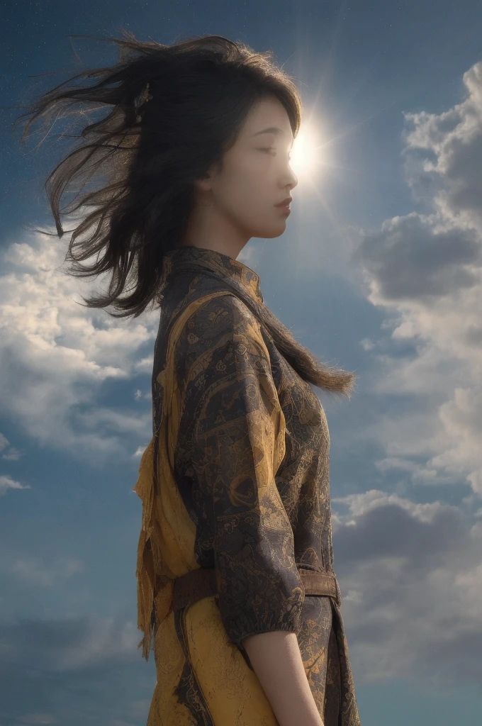 Hair floating in midair, back view, Look at the sun, There is a starship in the sky, Three suns, A  with black hair, 12 year old girl, Standing in the steppe, landscape, universe, 8k, super detail
