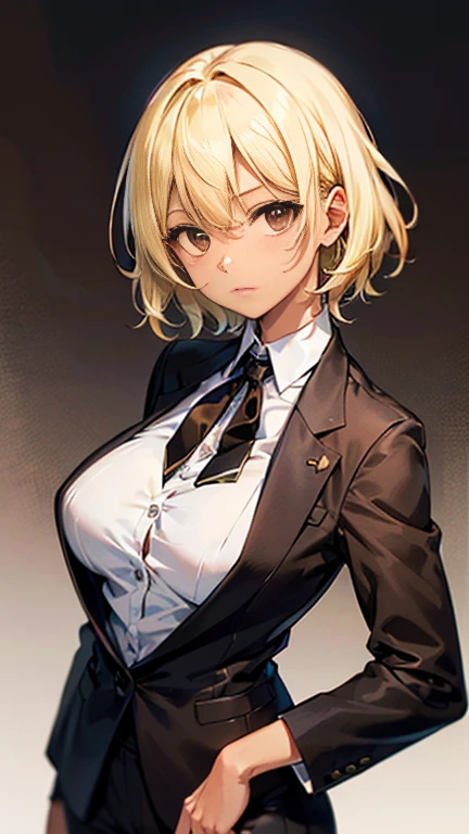 Nishizumi Shiho,Darjeeling,where,
One Woman,
(Blonde:1.5),
(Semi-short hair:Slightly longer,)Asymmetrical Hair,Perm,Gradient Hair:Gold-black,
Late 30s,Natural skin texture,Narrow waist,
(Brown skin:1.9),tall,Sunburn,
Japanese Girl,Gal,
light brown eyes,Slightly larger breasts,
((((Black business suit)))),
(((Black slack pants))),
((striped black tie)),
((ID photo:1.8,Plain background:1.6,Capture your subject from the front)),
expression(Straight face),upright posture,
Natural depiction,
Beautiful depiction,
Shiny eyes,
Healthy Body,
Natural hairstyle,
Natural body contours,
Natural facial contours,
(Five fingers)Absolute depiction,Symmetrical fingers,
Two arms,
Two legs,
Sharp eyelid depiction,
Symmetrical eyes,Symmetrical eyes,
Keep the subject in the center,Expand the upper body,
Beautiful image quality,
Delicate shades,
4K,Very detailed,
Delicate light adjustment,
Delicate contour drawing,