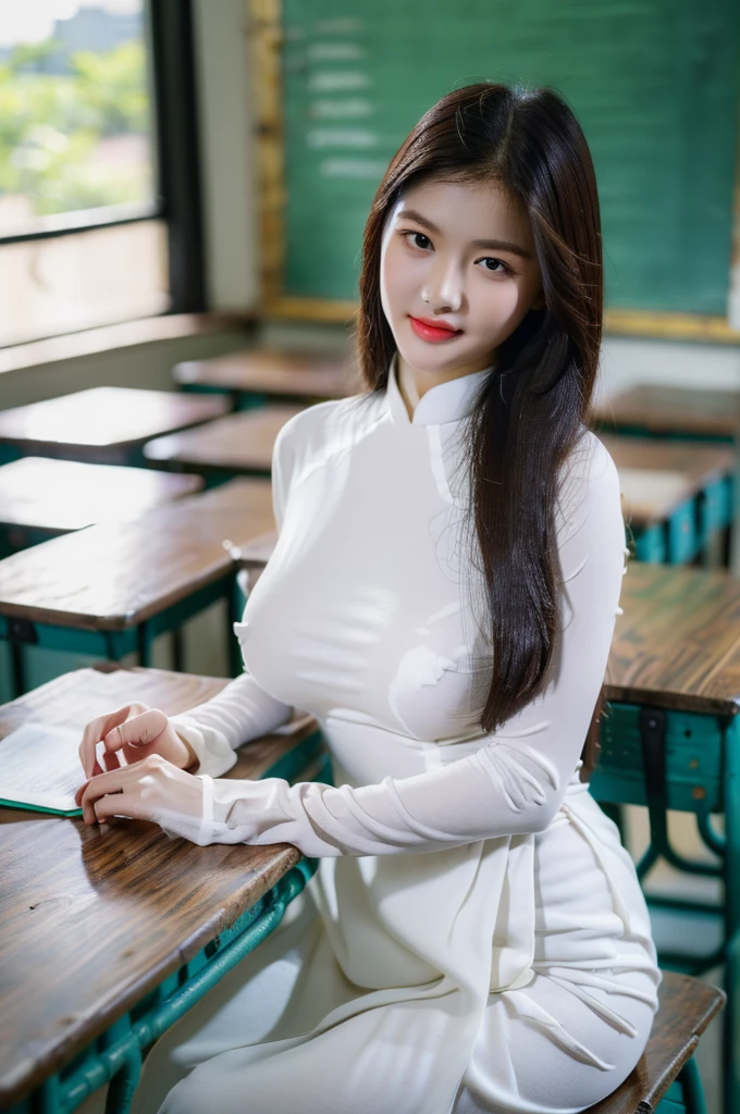 ((Ao Dai, big breasts, beautiful breasts, sitting on a chair in the classroom, 8k quality photo with good details))