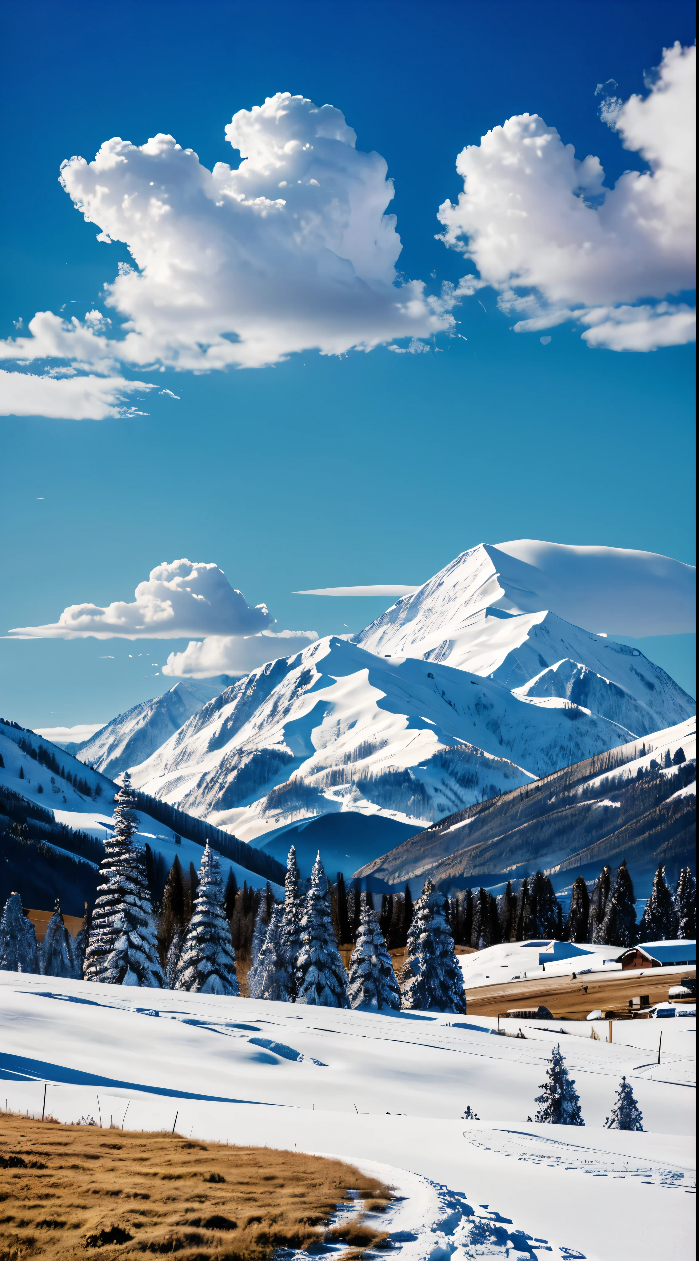 with high definition images，Concept Art、No humans、Countryside、Under the clear blue sky、Snow-capped mountains can be seen。Peaceful rural scenery
