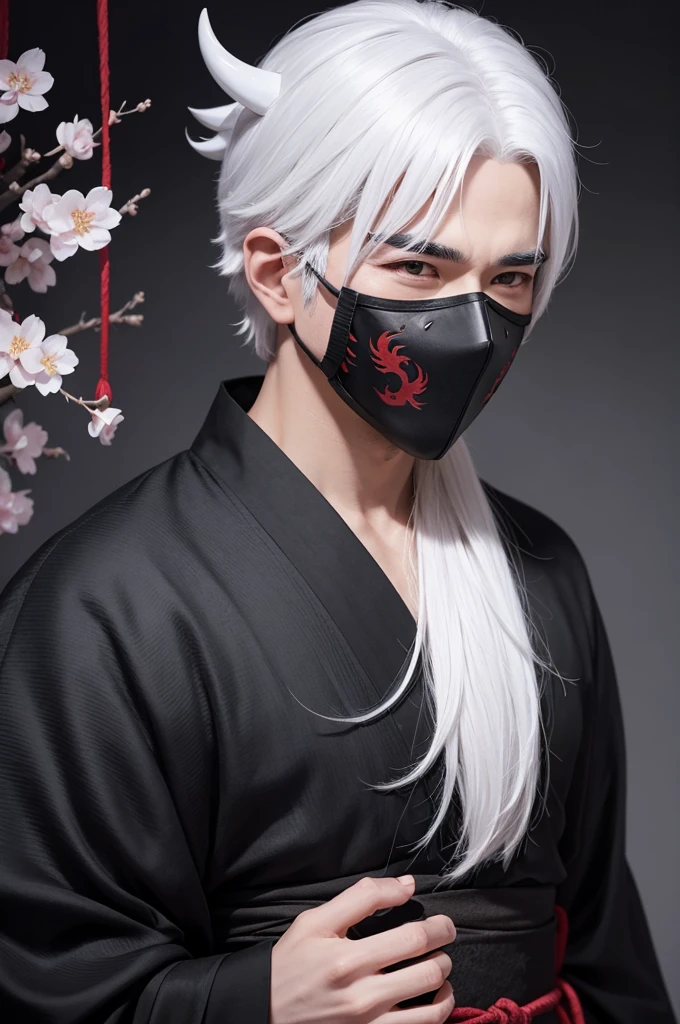 A male character with white hair wearing a black dragon mask on his face, wearing a black kimono with the Sakura symbol 