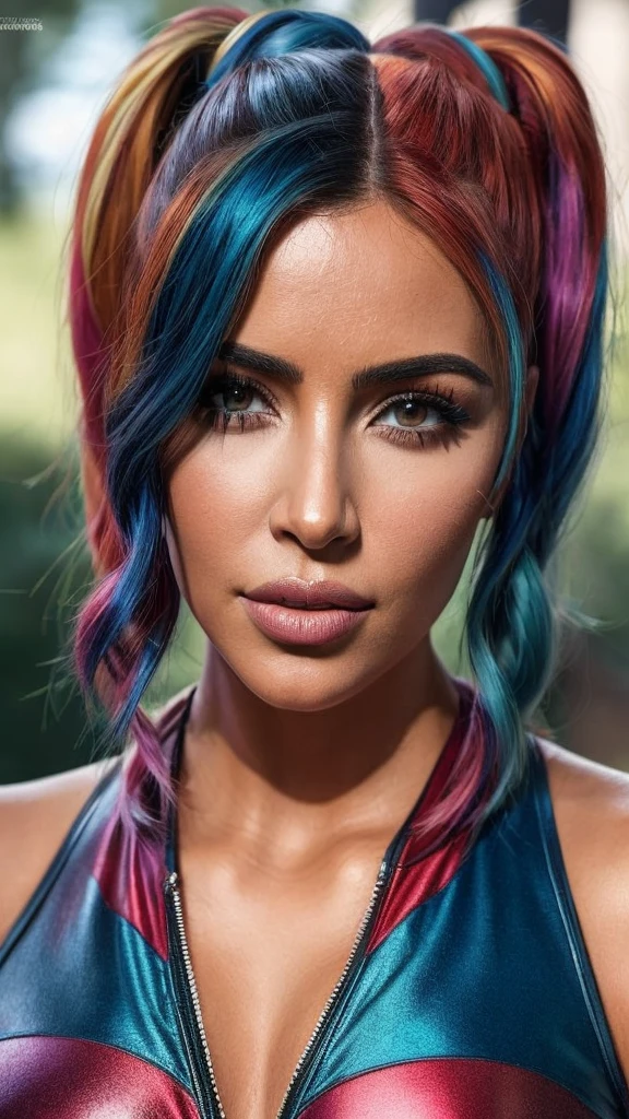 Photorealistic photo, (Full length photo), 10k resolution, ((Exceptional quality)), ((Masterpiece)), Kim Kardashian as Harley Quinn in Suicide Squad, Hard Focus, Accurate Shading, Subsurface Scattering, Complex, Fine Detail, (High Quality, Good, Masterpiece), Photography, , Natural Light, 4K, RAW, Centered, Beautiful, Super Detail, Sony A7 IV , Face Detail, Super Realism, Effect Shot, Immersive Realism. KimLoRA1