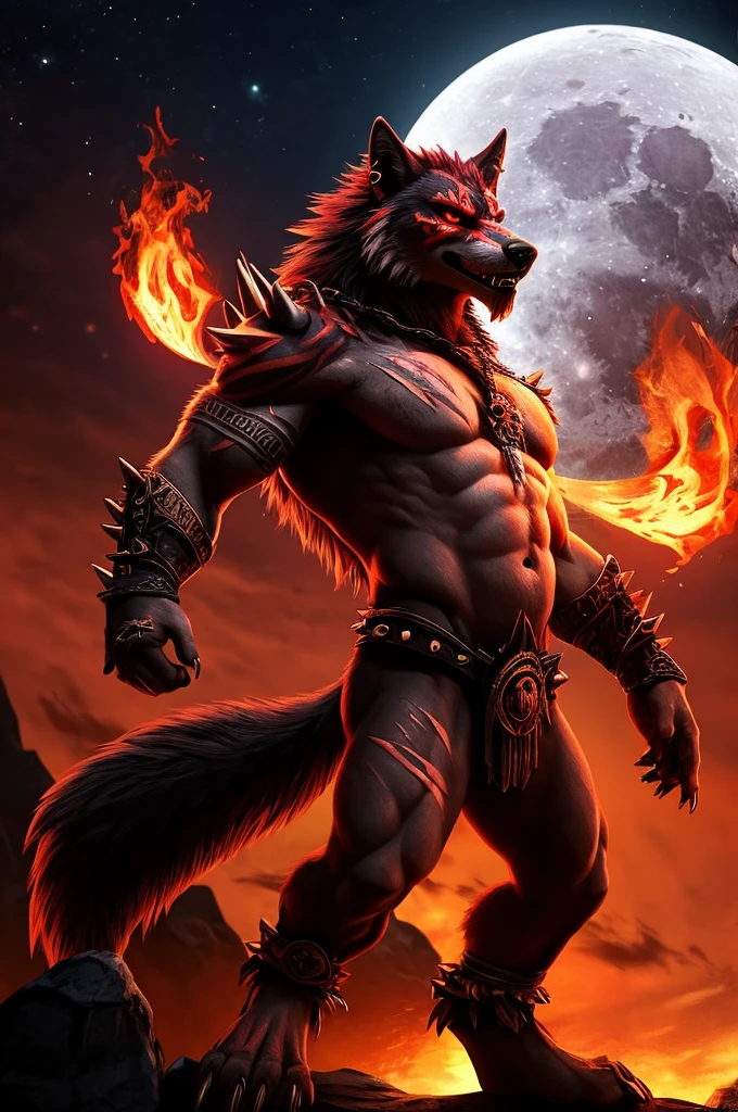 A 3d red and white wolf demon anthro human boy, with ancient words on its back with sharp claws, sharp teeth, tattoos, fantasy, punkstyle, with ear piercing, standing straight up, zoomed out, add some scars on its face, add spikes on along its back, showing its stomach, with a moon in the background, with tattoos on its arm, and skull on its shoulder, can you add some magical flames around it, Change its expression to fierce or mysterious, can you add some orange flames around it, add some scars on its body, with a dark background with stars and the blood moon, make the eyes look blood moon red, add a Wolf tail with red stripes and white fur on its back, add spikes to its arms, add a Wolf Amulet around its neck glowing, can you add firely mist around its feet, and you add red mist in the sky with the blood moon in the background, with belly piercing, 8k realistic