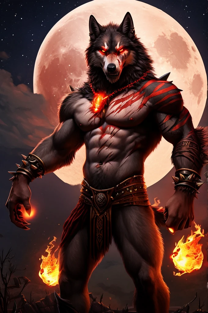 A 3d red and white wolf demon anthro human boy, with ancient words on its back with sharp claws, sharp teeth, tattoos, fantasy, punkstyle, with ear piercing, standing straight up, zoomed out, add some scars on its face, add spikes on along its back, showing its stomach, with a moon in the background, with tattoos on its arm, and skull on its shoulder, can you add some magical flames around it, Change its expression to fierce or mysterious, can you add some orange flames around it, add some scars on its body, with a dark background with stars and the blood moon, make the eyes look blood moon red, add a Wolf tail with red stripes and white fur on its back, add spikes to its arms, add a Wolf Amulet around its neck glowing, can you add firely mist around its feet, and you add red mist in the sky with the blood moon in the background, with belly piercing, 8k realistic