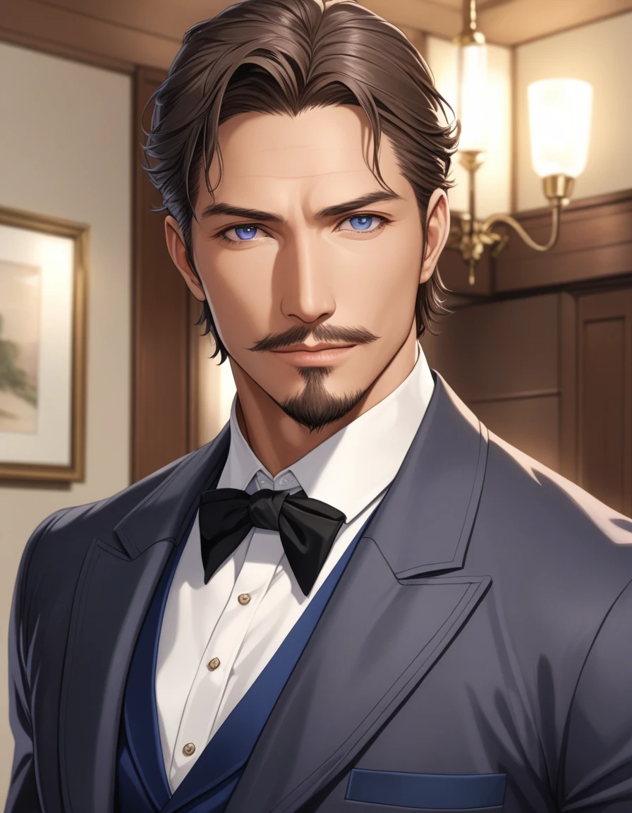 1man, mature male, parted bangs, medium-short hair, brown hair, muscular male celeb, short goatee, short mustache, indigo eyes, gentleman, elegant netori male, BREAK solo, white collared shirt, gray trench coat, black neck ribbon, in gentle sasaki style, visual novel, 2010s, extreme all detailed, masterpiece, best quality