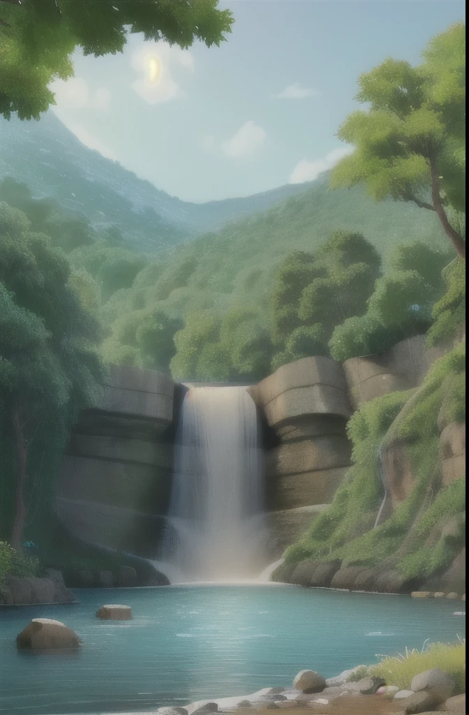A beautiful natural waterfall has been formed over which water is falling and below which there are many animals and birds and around it there are many trees, plants and a river.
