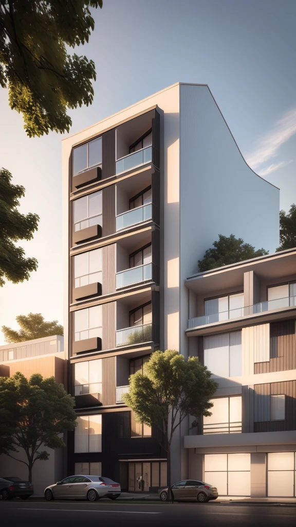 rendering of a modern apartment building with a parking lot in front, architectural 3 d render, low angle dimetric rendering, architectural render, high render, wide angle exterior 2022, architecture render, mid-view, pre-rendered, precise architectural rendering, professional render, architectural visualisation, highly detailed render, highly photographic render, hyper-realistic render