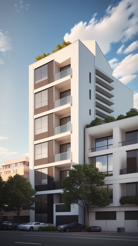 rendering of a modern apartment building with a parking lot in front, architectural 3 d render, low angle dimetric rendering, architectural render, high render, wide angle exterior 2022, architecture render, mid-view, pre-rendered, precise architectural rendering, professional render, architectural visualisation, highly detailed render, highly photographic render, hyper-realistic render