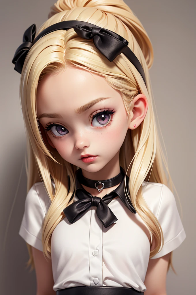 hyperrealistic  american teen, blondittle, perfect tiny body, sexy, dark makeup, small choker, perfect slim face, big red lips, very cute face, tiny body, big eyes, young looking, childish looking, office clothes