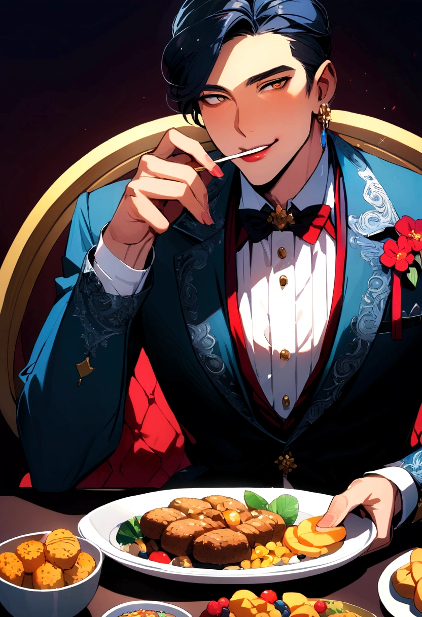 good looking man Sit and eat snacks at the table., real skin