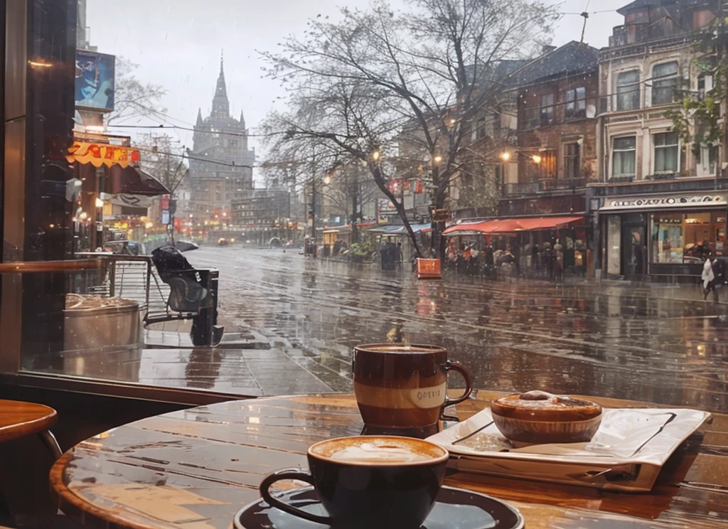 Hyperrealistic 8k high detail 3d art, Dreamy dreamscape smoky room perspective view from cafe window, raining city, warm cup of chocolate, bustling figures in the rain, empty chair on the table next to cafe window. She doesn't want to get caught in the rain, she doesn't want to go home. She'd rather stay in this cafe with sitting sideways to the glass windows. Deep thoughts missing his shadow in the rain. No one knows the story she is living in, only she does.