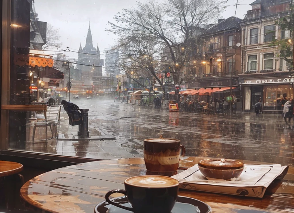 Hyperrealistic 8k high detail 3d art, Dreamy dreamscape smoky room perspective view from cafe window, raining city, warm cup of chocolate, bustling figures in the rain, empty chair on the table next to cafe window. She doesn't want to get caught in the rain, she doesn't want to go home. She'd rather stay in this cafe with sitting sideways to the glass windows. Deep thoughts missing his shadow in the rain. No one knows the story she is living in, only she does.
