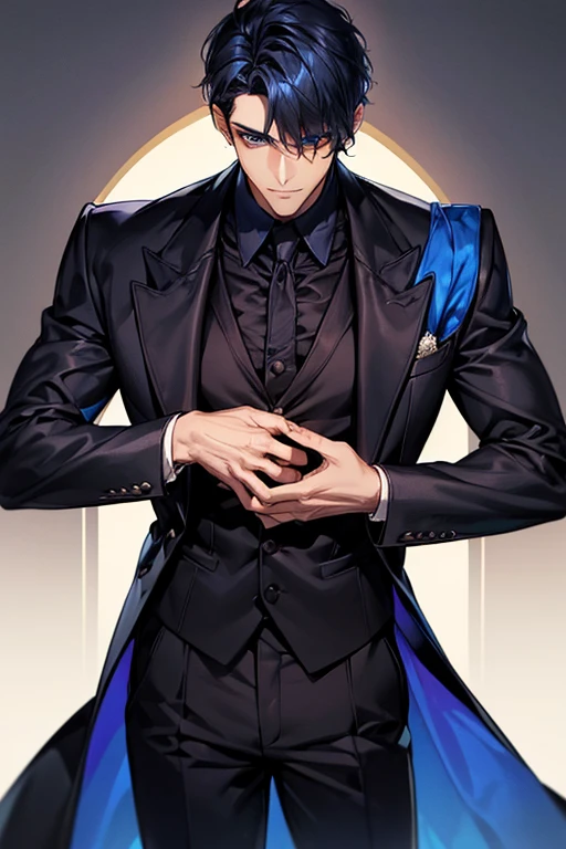 ((muste piece)), ((best quality)), ((brown skin)), ((dark blue eyes)), ((Dark blue hair))、handsome man , ((short hair:1.5)), masculine、tall、sexy、Adult man、Three white eyes、handsome man、firmly、muscular、broad shoulders、smile、wild、とてもwild、(((black suit))、 (highest quality), very detailed, focus only, very detailed顔,