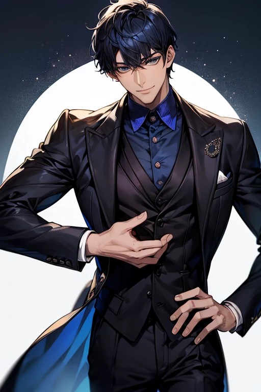 ((muste piece)), ((best quality)), ((brown skin)), ((dark blue eyes)), ((Dark blue hair))、handsome man , ((short hair:1.5)), masculine、tall、sexy、Adult man、Three white eyes、handsome man、firmly、muscular、broad shoulders、smile、wild、とてもwild、(((black suit))、 (highest quality), very detailed, focus only, very detailed顔,