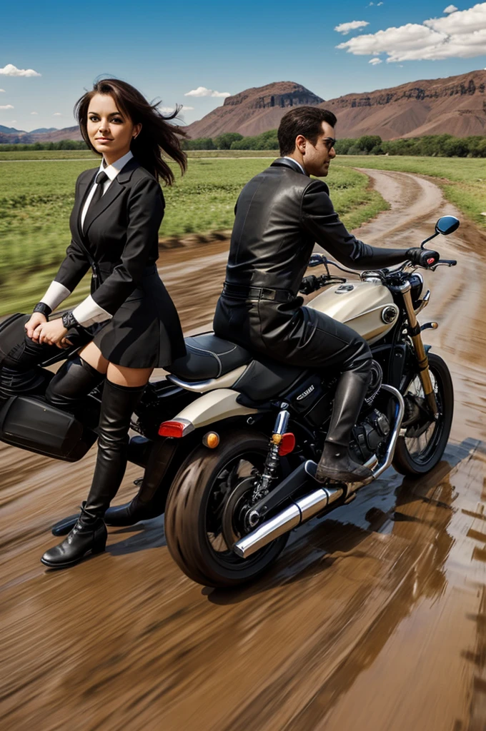 2D cartoon man driving motorcycle with tie and a woman in the back seat with dress, high stockings and black boots, dirt and rock road, muddy river in the background