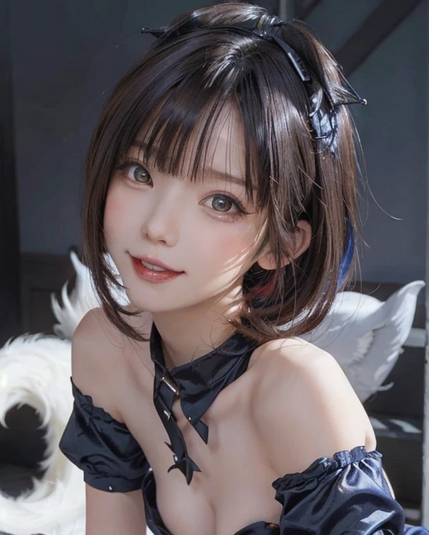 (a 22 year old japanese girl, detailed cutie face, beautiful detailed eyes, detailed dropped eyes, beautiful charming smile, extremely detailed face,short hair,anime style, halloween party:1.75), colorful lights, pumpkin decorations, haunted house, best quality, 4k, highres, masterpiece, realistic, photorealistic, photo-realistic, vivid colors, intricate details, fantasy, soft lighting, magical