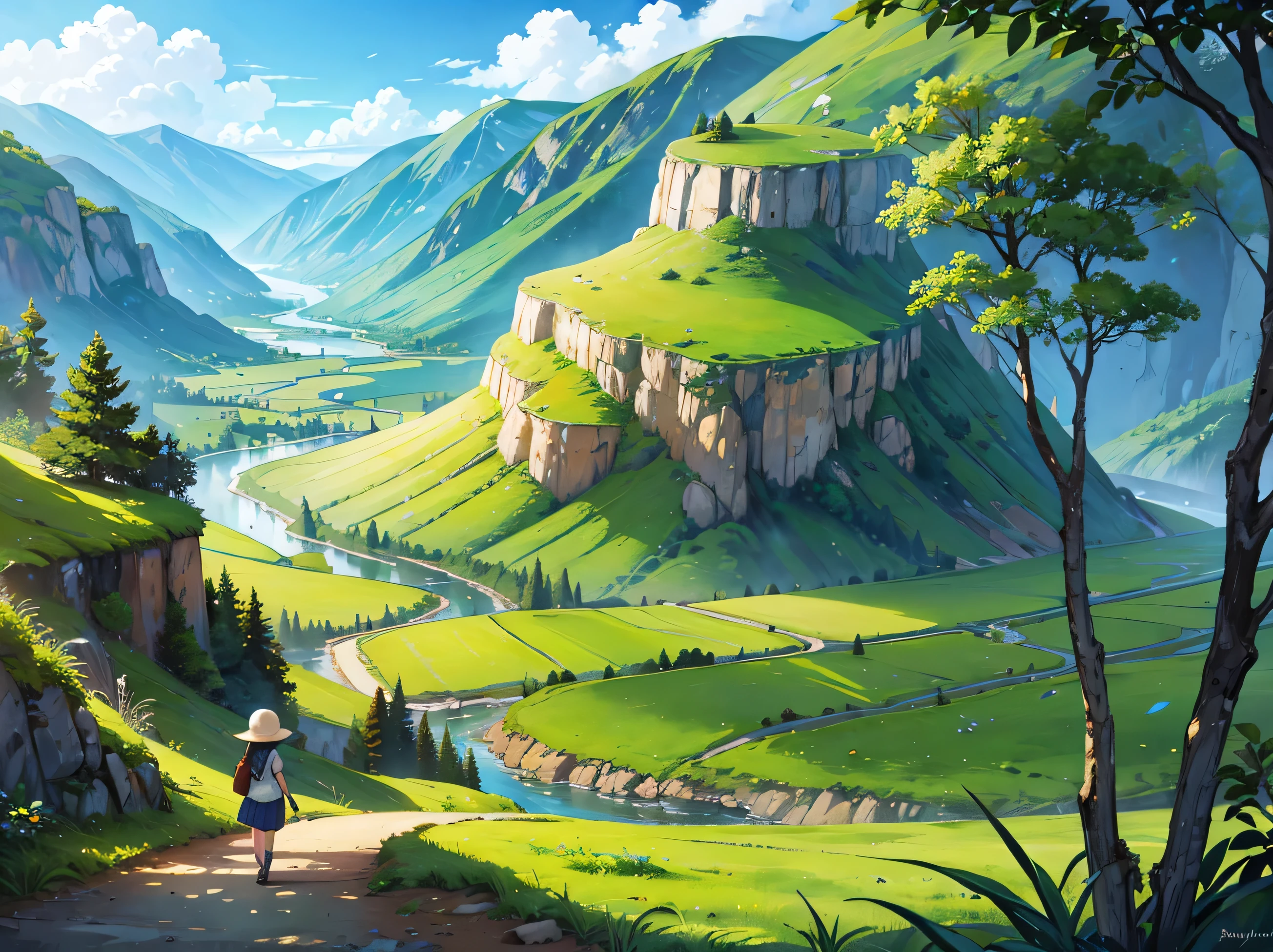 a landscape of a lush valley, 1girl, traveler