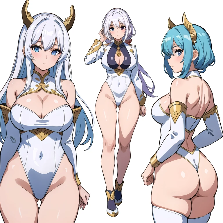 masterpiece, best quality, 3 girls, variety of hairstyles, ((white background)), full body, multiple views, dragon horn, white outfit, thong, shrug, leotard, cleavage, short tie,