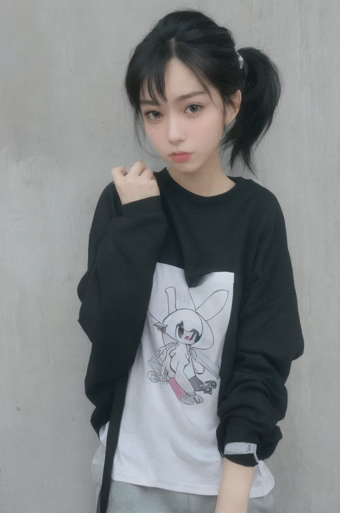 1girl, solo, masterpiece, best_quality, photoshoot, looking at camera, young adult gardevoir, tired expression, pokemon, pokemon (game), game freak, nintendo, (porcelain skin), blue eyes, (black hair), (messy hair in ponytail), black cardigan, baggy tshirt, black sweatpants, gen 3 pokemon, pokemon (creature), white skin, concrete background, leaning