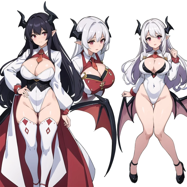 masterpiece, best quality, 3 girls, variety of hairstyles, ((white background)), full body, multiple views, succubus, dragon horn, white outfit, thong, shrug, leotard, cleavage, short tie,
