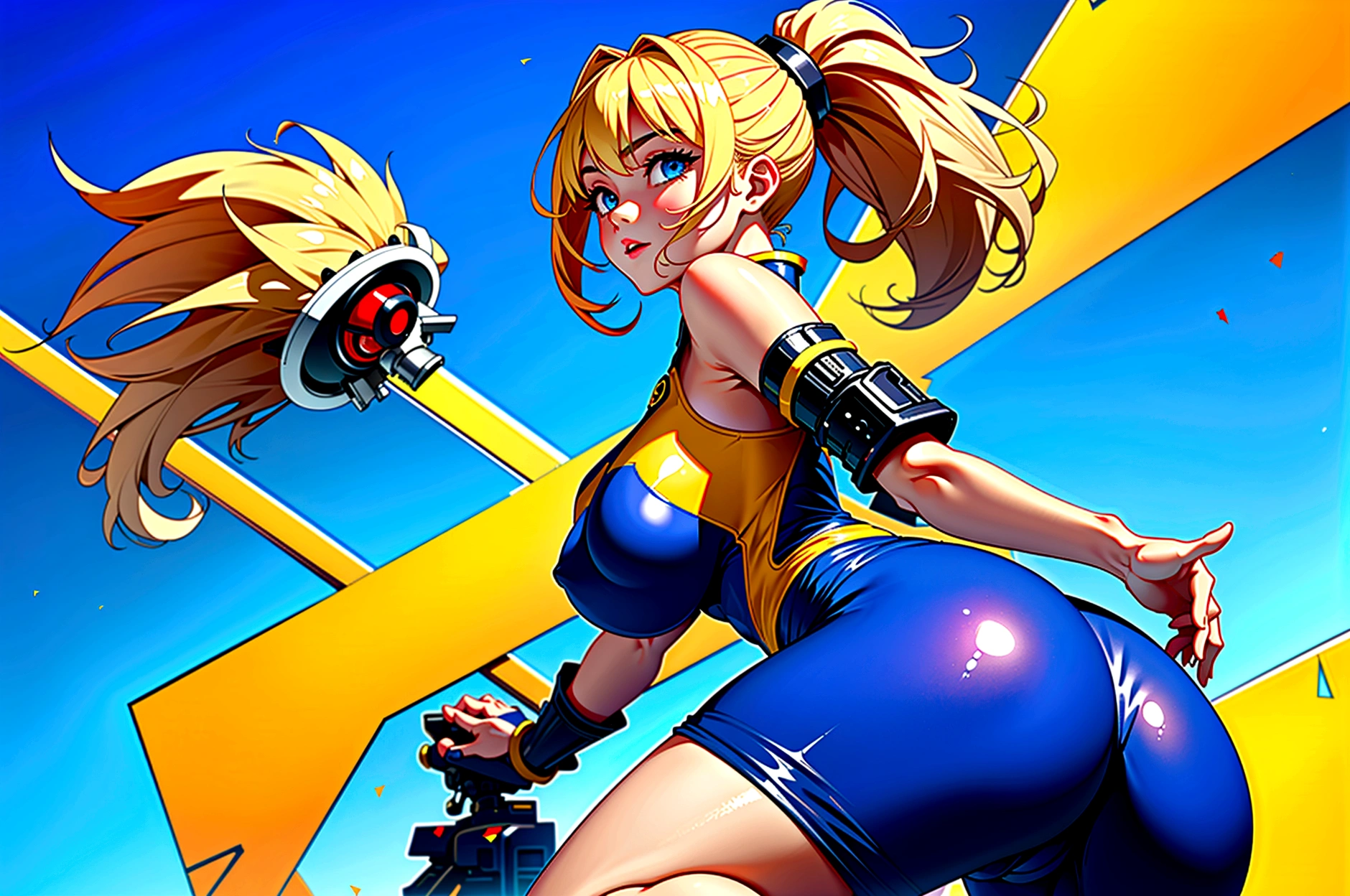 ネオンカラフルな未来都市の道で立ってAction pose、Full body cyber girl with ponytail. Beautiful Face. ((Big Breasts))、((Big Butt))、Yellow Hair、Tiny swimsuit、She has bright blue eyes. Action pose、