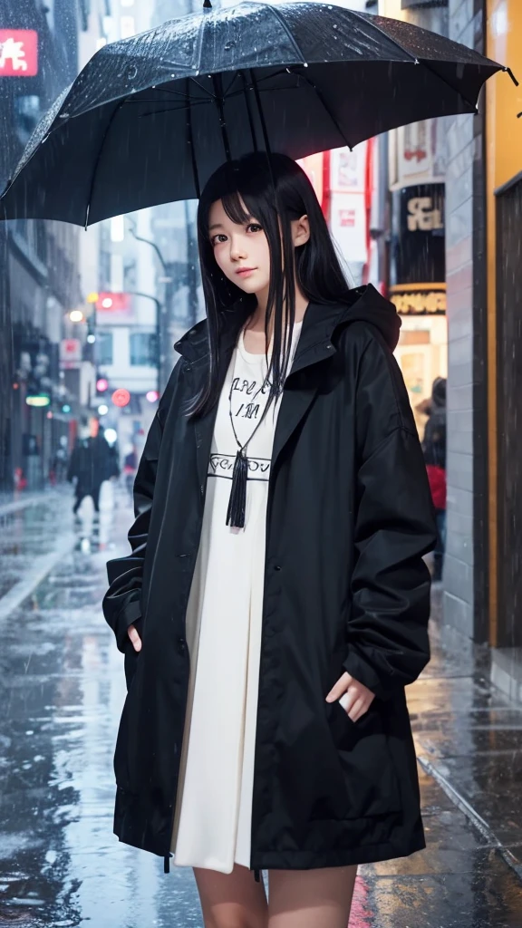 One Girl、In town、rain、Black long coat、Put your hands in your pockets、Anime illustration