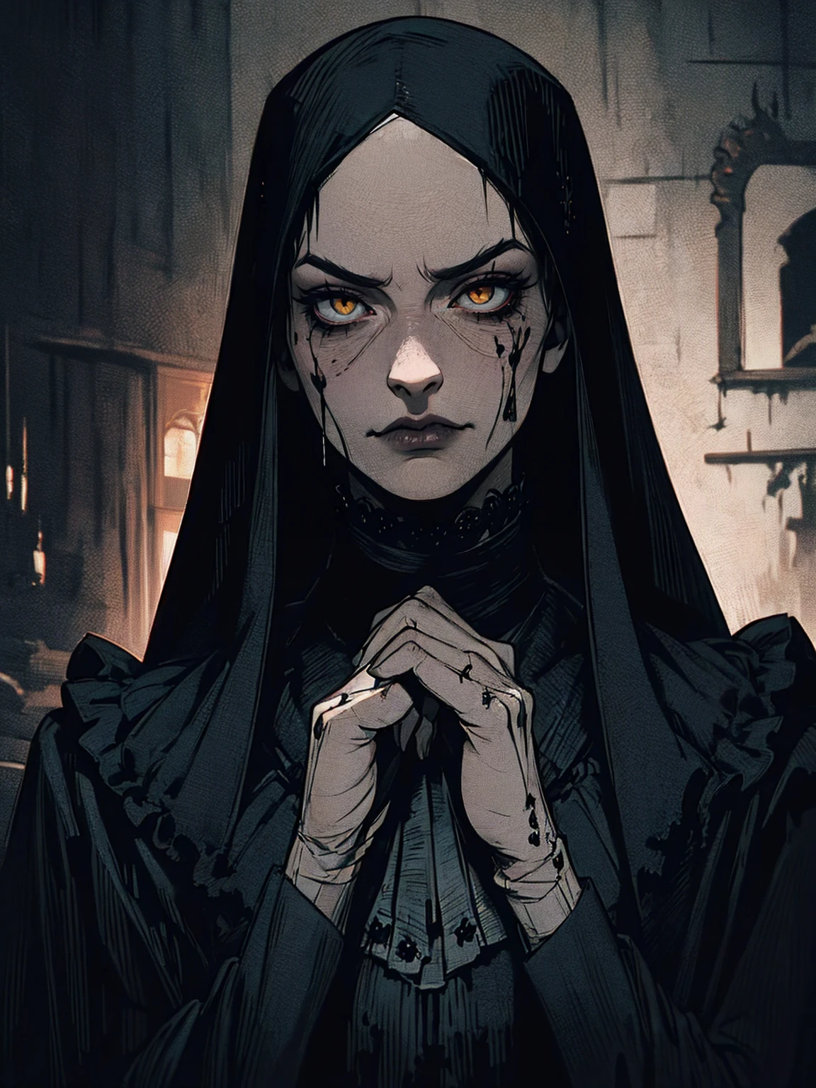 {-erro_de_anatomia:1.0} The Punisher, Nightmare before Christmas style, (masterpiece, best quality), (perfect hands), (hyper-realistic:1.6), (detailed face), (award-winning), (sharp), (8k resolution), (cinematic lighting), colors: dark and gloomy, (haunting), (intense expression), (detailed skull emblem), (eerie atmosphere), (comic book vibe),(gritty), (dramatic shadows), (dynamic pose), (ominous vibe), (artistically rendered), (sinister), (captivating), (gothic), (mysterious settinoody color palette), (expertly painted), (uneasy feeling), (intricate detailing), (sinister smile), (foreboding), (captivating eyes), (horror elements), (captivating composition), (impressive anatomy),(striking contrast), (foreboding mood), (exquisite craftsmanship), (intriguing character design), (nun), classic nun wear,  (yellow eyes),