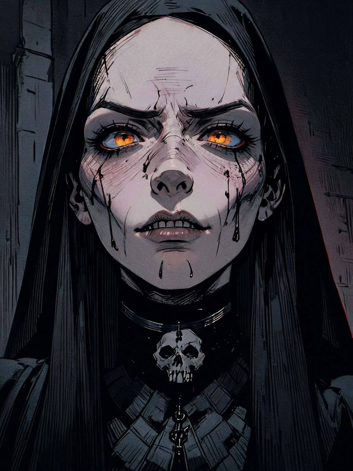 {-erro_de_anatomia:1.0} The Punisher, Nightmare before Christmas style, (masterpiece, best quality), (perfect hands), (hyper-realistic:1.6), (detailed face), (award-winning), (sharp), (8k resolution), (cinematic lighting), colors: dark and gloomy, (haunting), (intense expression), (detailed skull emblem), (eerie atmosphere), (comic book vibe),(gritty), (dramatic shadows), (dynamic pose), (ominous vibe), (artistically rendered), (sinister), (captivating), (gothic), (mysterious settinoody color palette), (expertly painted), (uneasy feeling), (intricate detailing), (sinister smile), (foreboding), (captivating eyes), (horror elements), (captivating composition), (impressive anatomy),(striking contrast), (foreboding mood), (exquisite craftsmanship), (intriguing character design), (nun), classic nun wear, (yellow eyes),